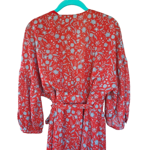 Evereve Allison Joy Medium Red Floral Berklee Wrap Dress 3/4 Puff Sleeve - Picture 7 of 13
